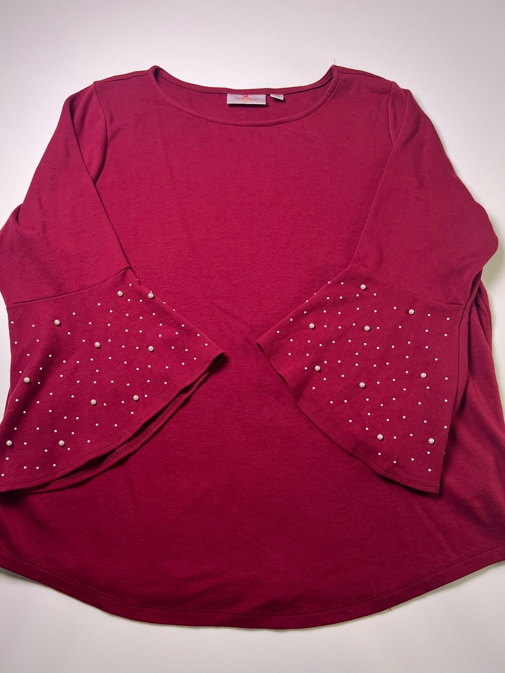 Quacker Factory byJeanne Bice Burgundy Knit Pearl Embellished Bell Sleeve Top XL